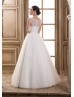 Illusion Neck Ivory Beaded Tulle Pearl Buttons Back Wedding Dress